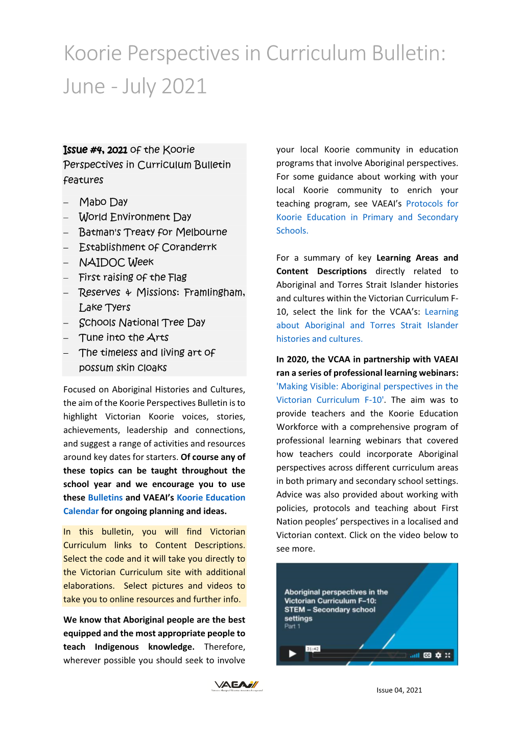 Koorie Perspectives in Curriculum Bulletin: June - July 2021