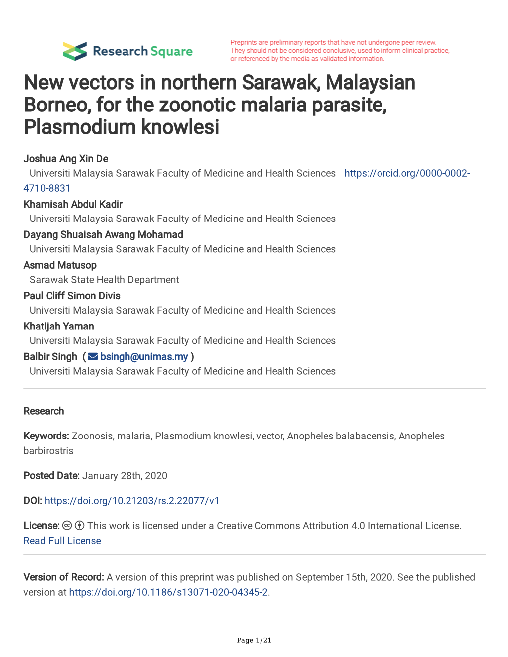 New Vectors in Northern Sarawak, Malaysian Borneo, for the Zoonotic Malaria Parasite, Plasmodium Knowlesi