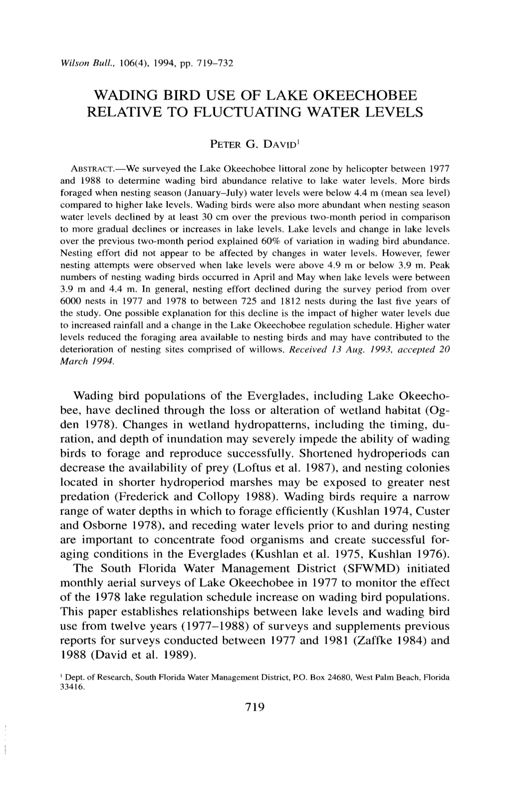 Wading Bird Use of Lake Okeechobee Relative to Fluctuating Water Levels