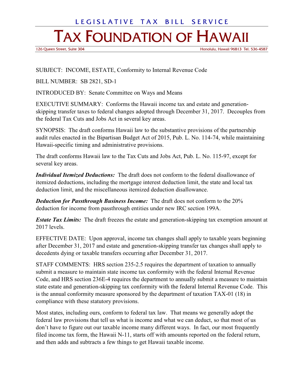 TAX FOUNDATION of HAWAII 126 Queen Street, Suite 304 Honolulu, Hawaii 96813 Tel