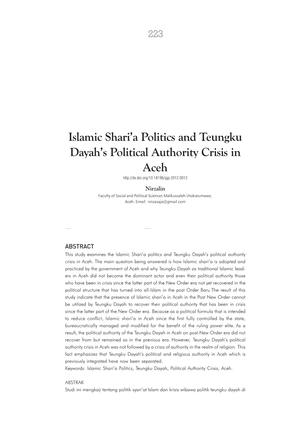 Islamic Shari'a Politics and Teungku Dayah's Political Authority Crisis In