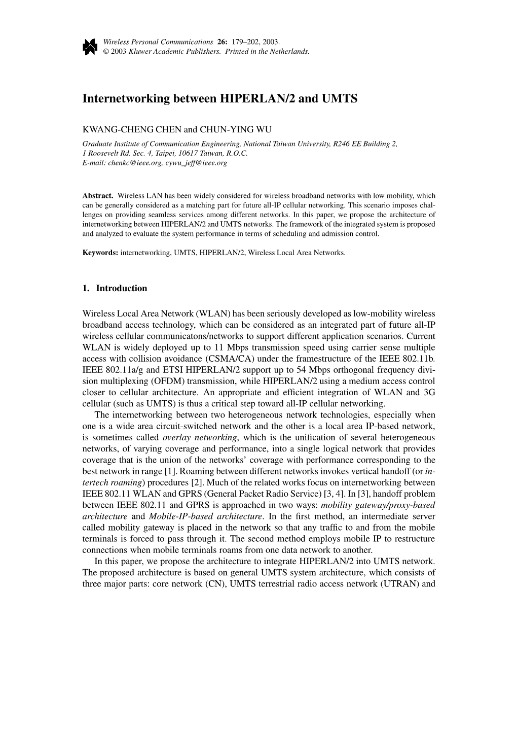 Internetworking Between HIPERLAN/2 and UMTS