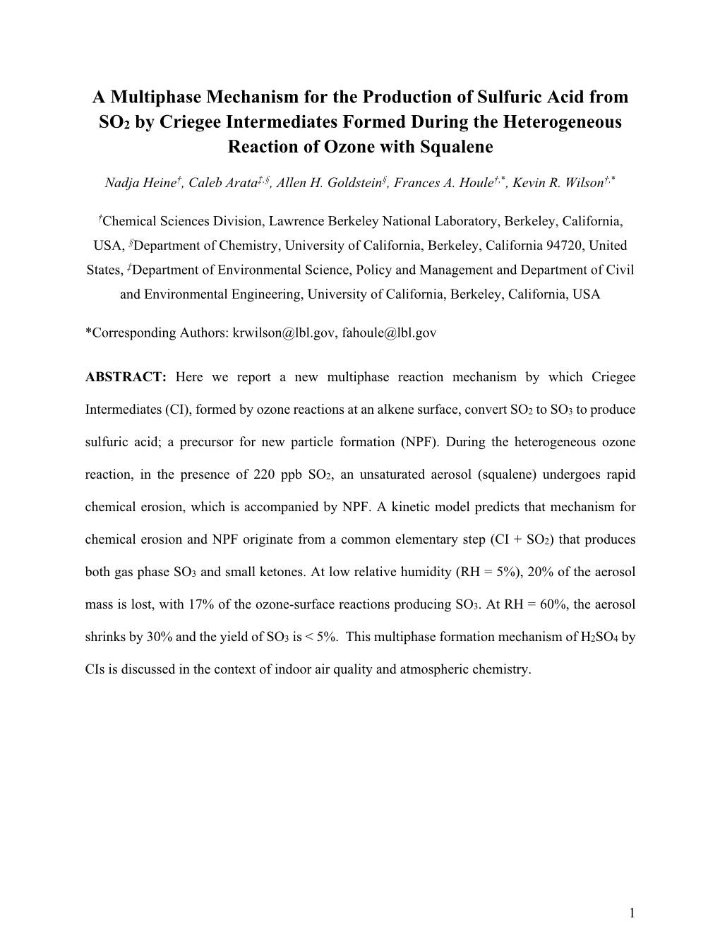A Multiphase Mechanism for the Production of Sulfuric Acid from SO2 by Criegee Intermediates Formed During the Heterogeneous Reaction of Ozone with Squalene