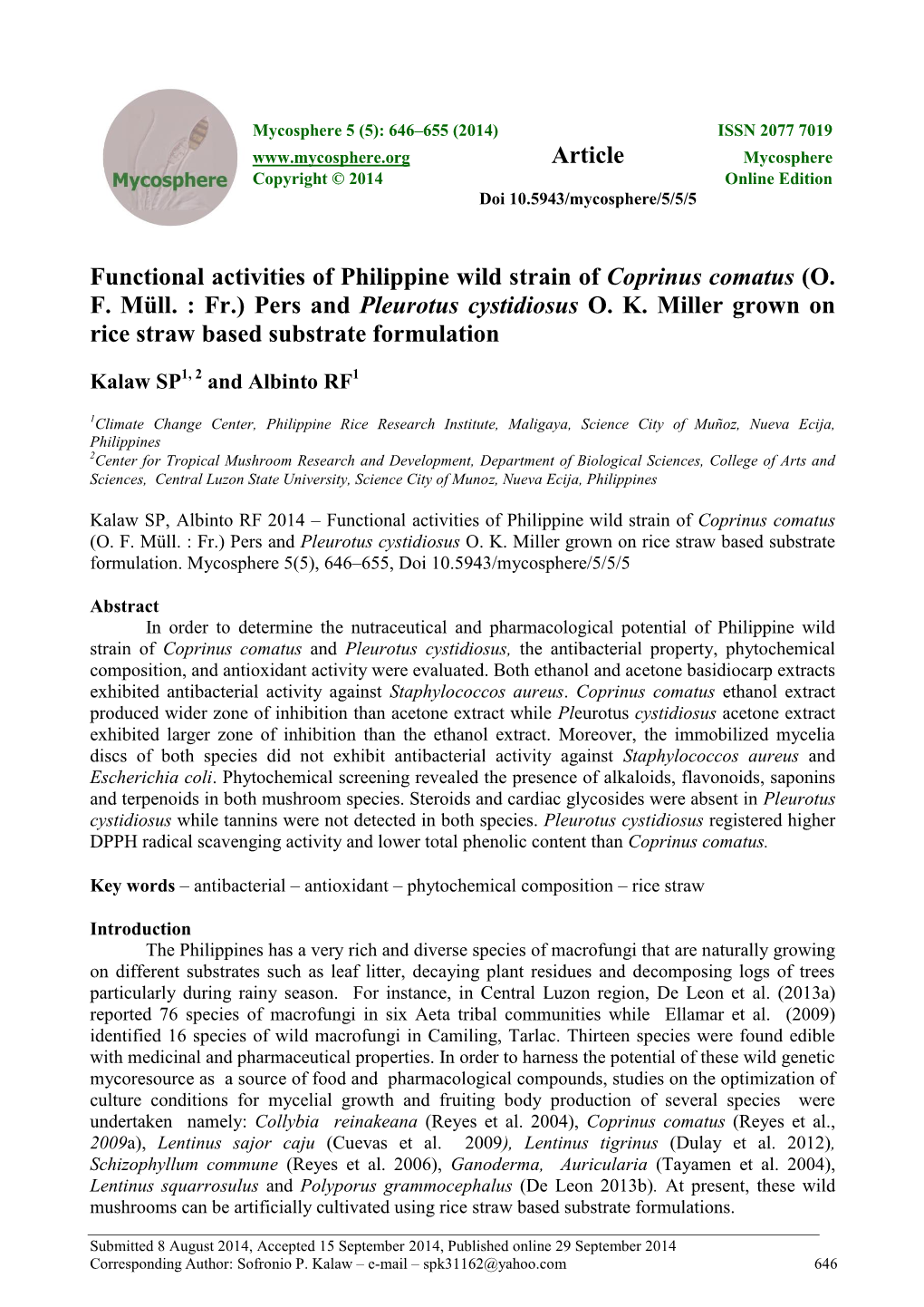 Functional Activities of Philippine Wild Strain of Coprinus Comatus (O. F. Müll