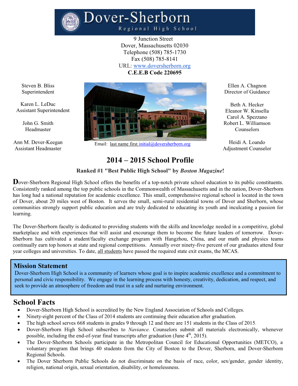 School Facts 2014 – 2015 School Profile