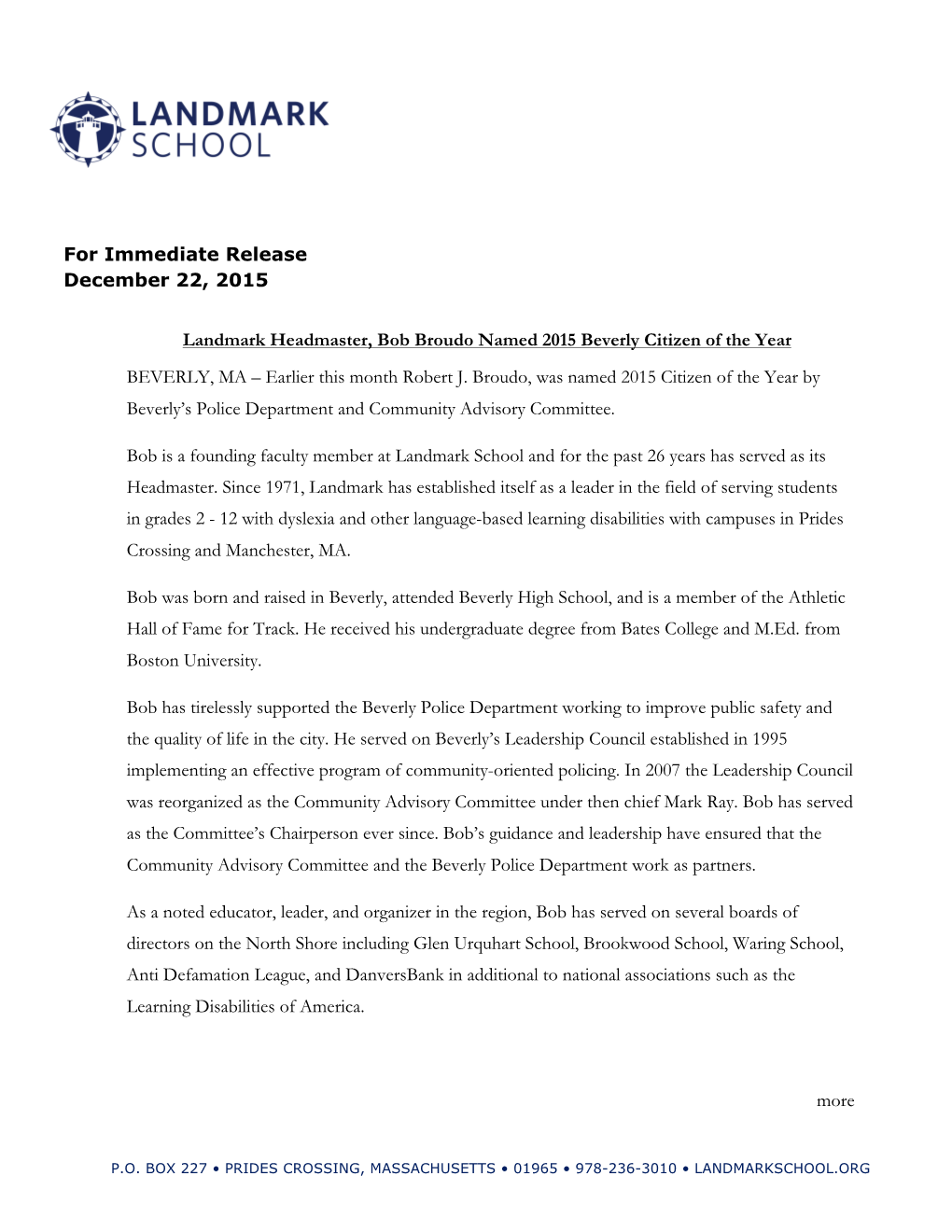 For Immediate Release December 22, 2015