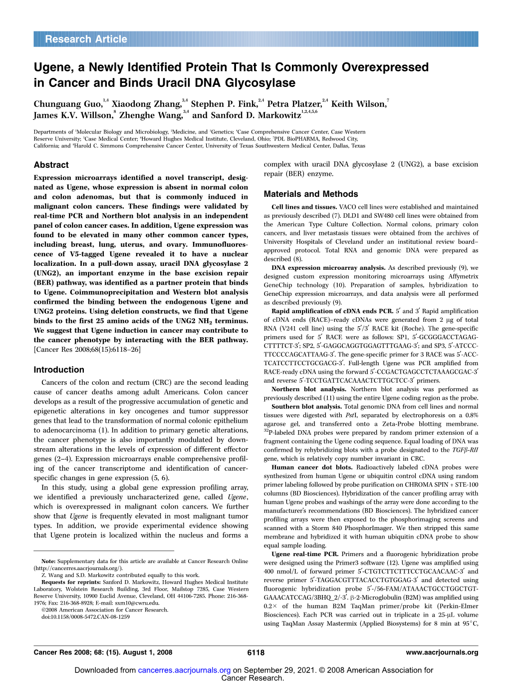 Ugene, a Newly Identified Protein That Is Commonly Overexpressed in Cancer and Binds Uracil DNA Glycosylase