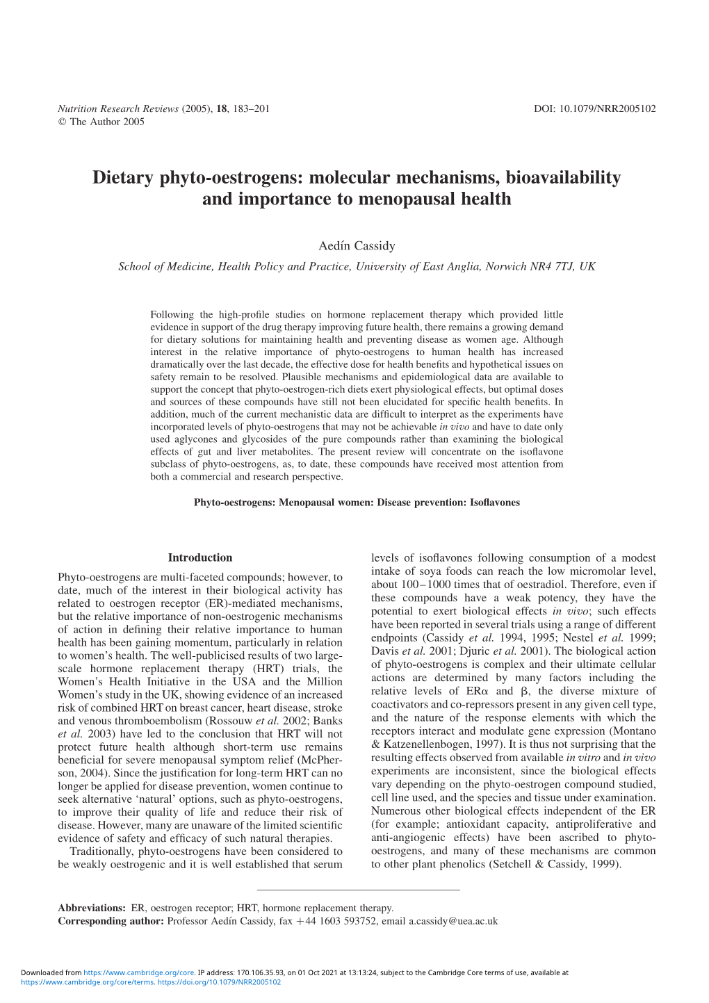 Dietary Phyto-Oestrogens: Molecular Mechanisms, Bioavailability and Importance to Menopausal Health