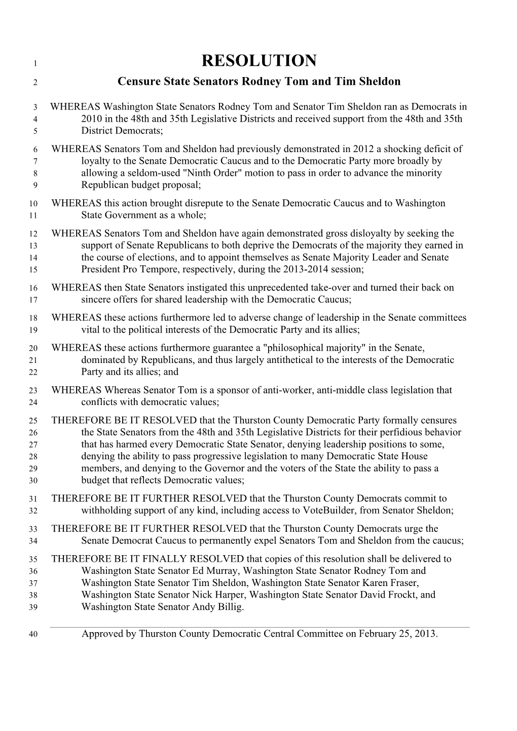Resolution to Censure State Senators Rodaney Tom and Tim Sheldon