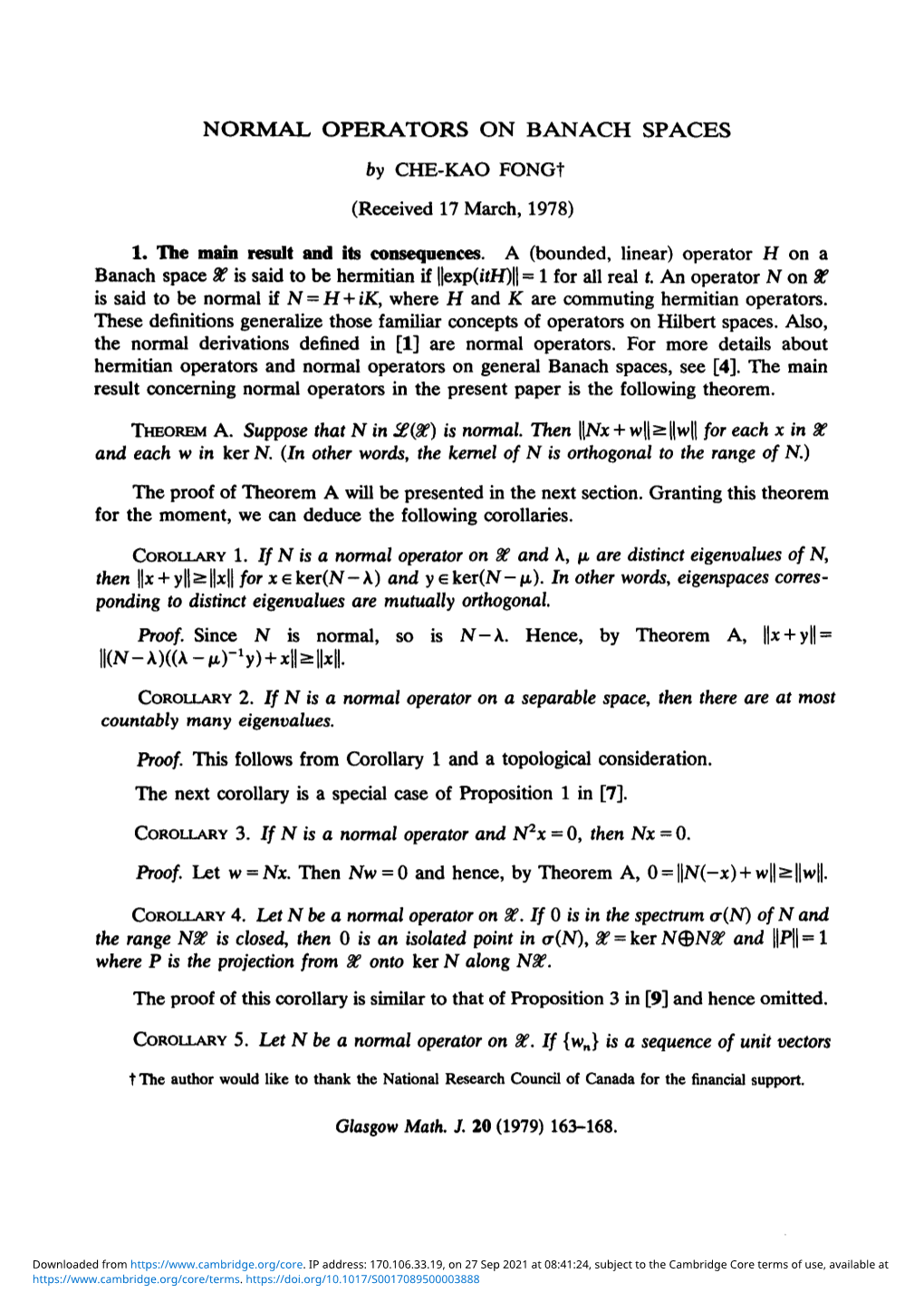 NORMAL OPERATORS on BANACH SPACES by CHE-KAO Fongt (Received 17 March, 1978)