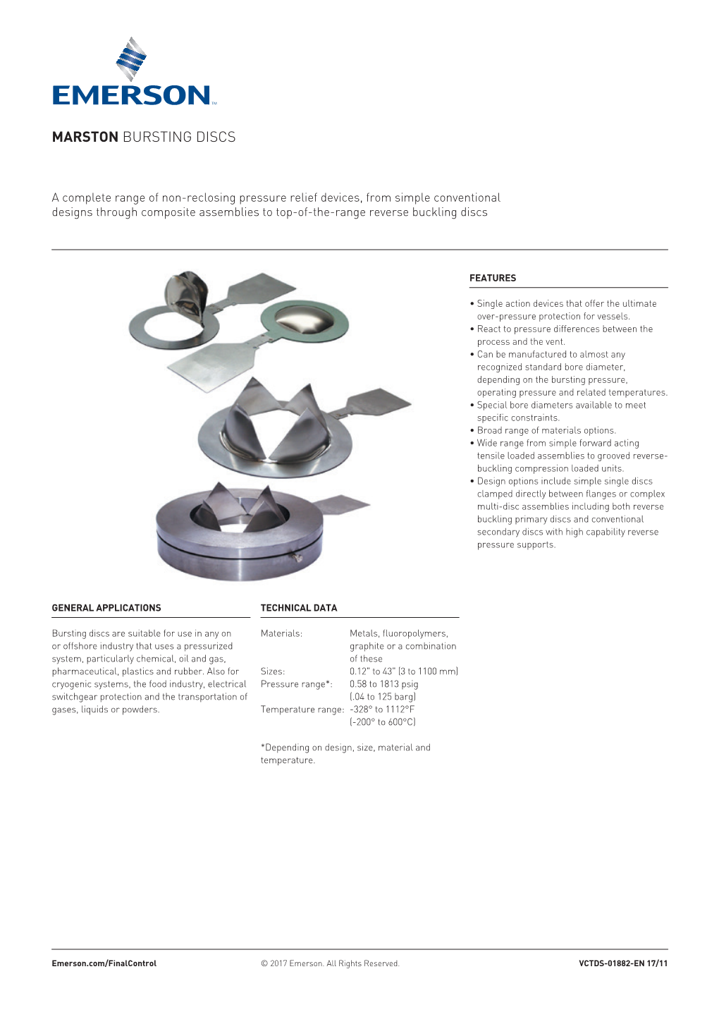 Data Sheets: Bursting Discs, Marston, Pressure and Safety Relief Valves (VCTDS-01882-EN)