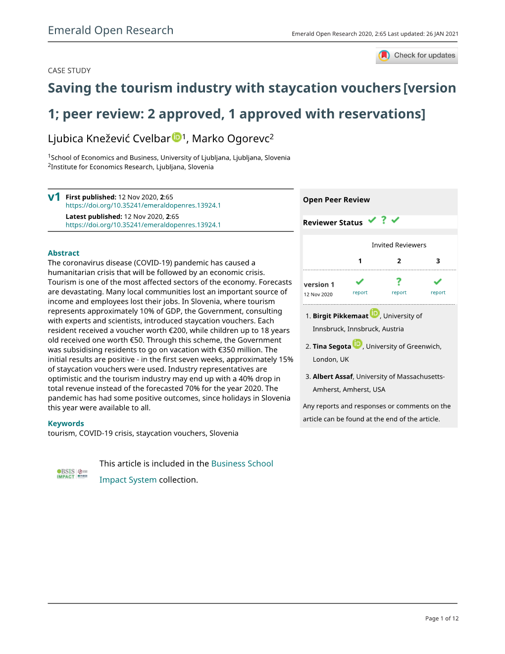 Saving the Tourism Industry with Staycation Vouchers[Version 1; Peer