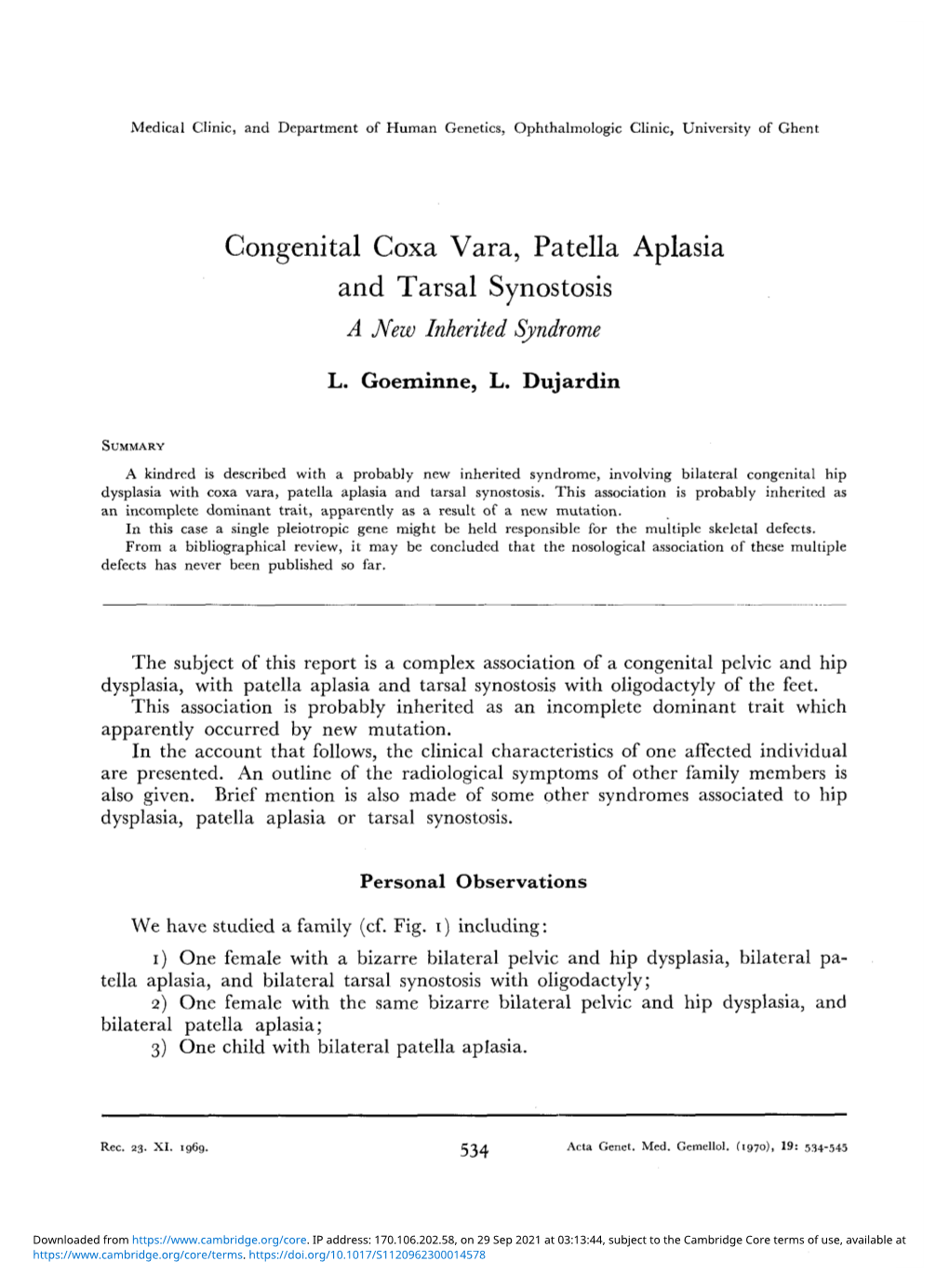 Congenital Coxa Vara, Patella Aplasia and Tarsal Synostosis a Mew Inherited Syndrome