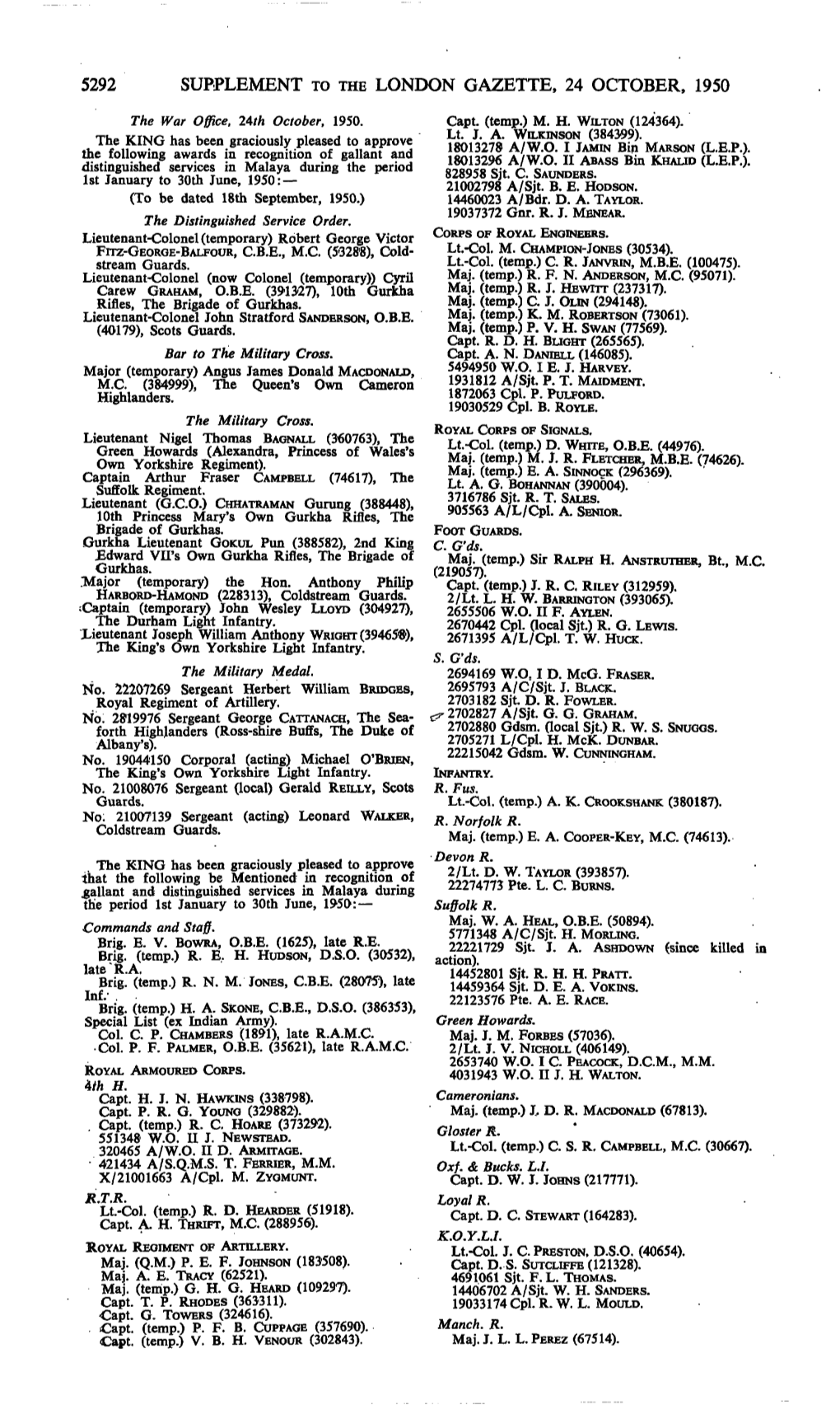 5292 Supplement to the London Gazette, 24 October, 1950