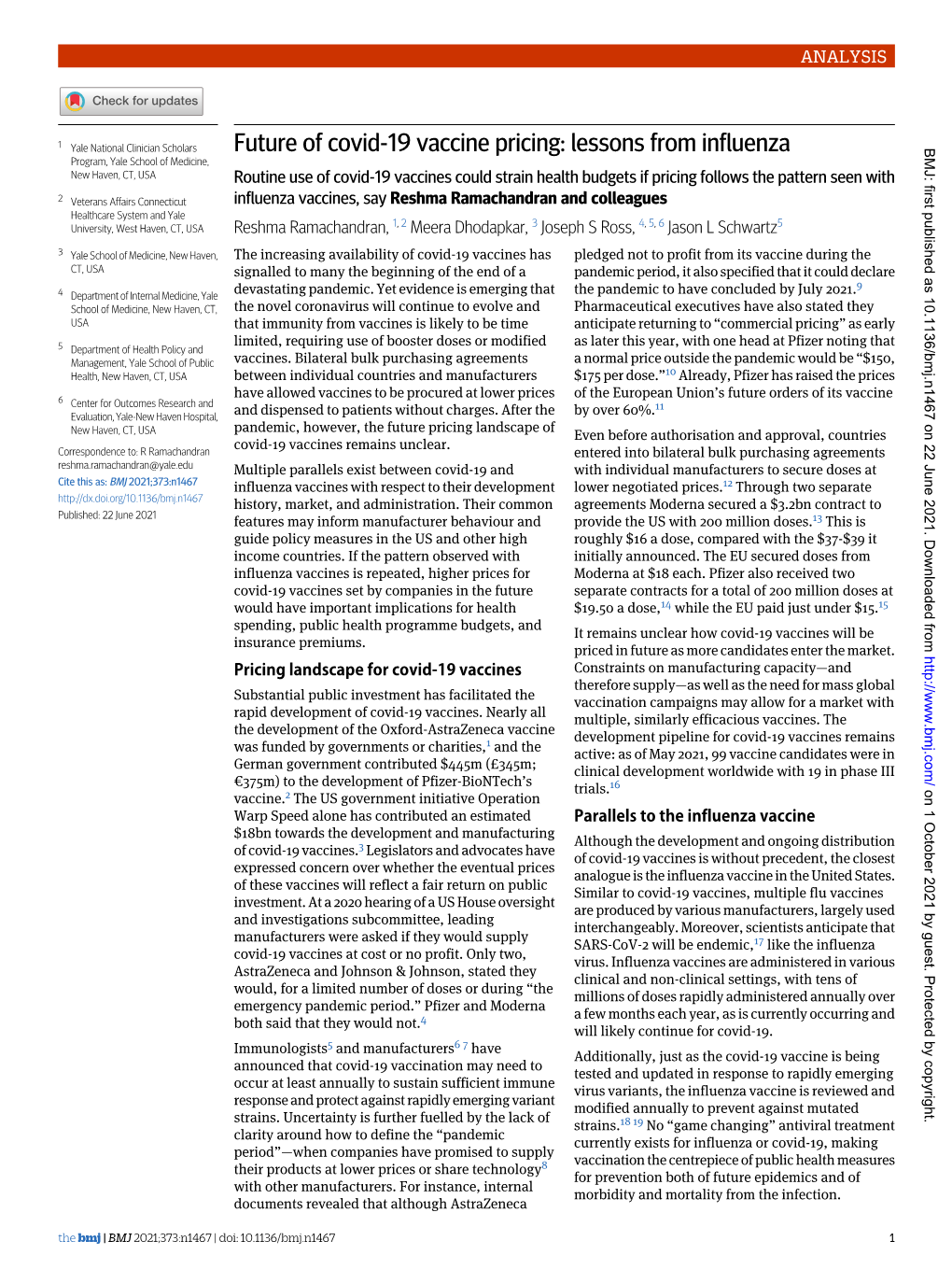 Future of Covid-19 Vaccine Pricing: Lessons from Influenza BMJ: First Published As 10.1136/Bmj.N1467 on 22 June 2021