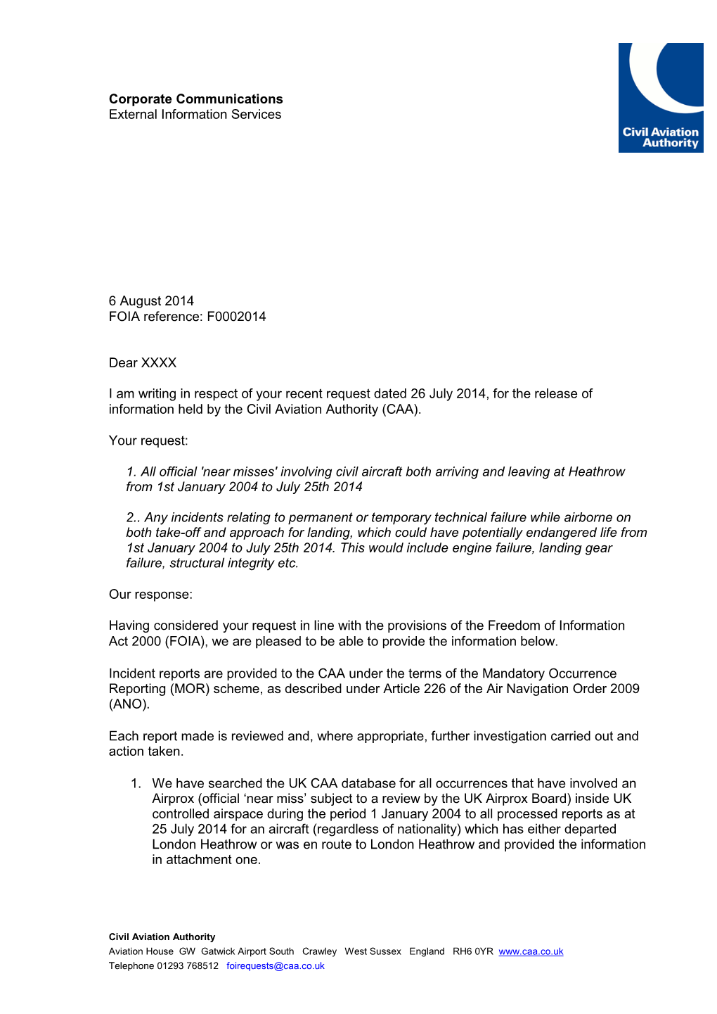 Airprox Incidents Involving Aircraft Arriving at Or Leaving Heathrow