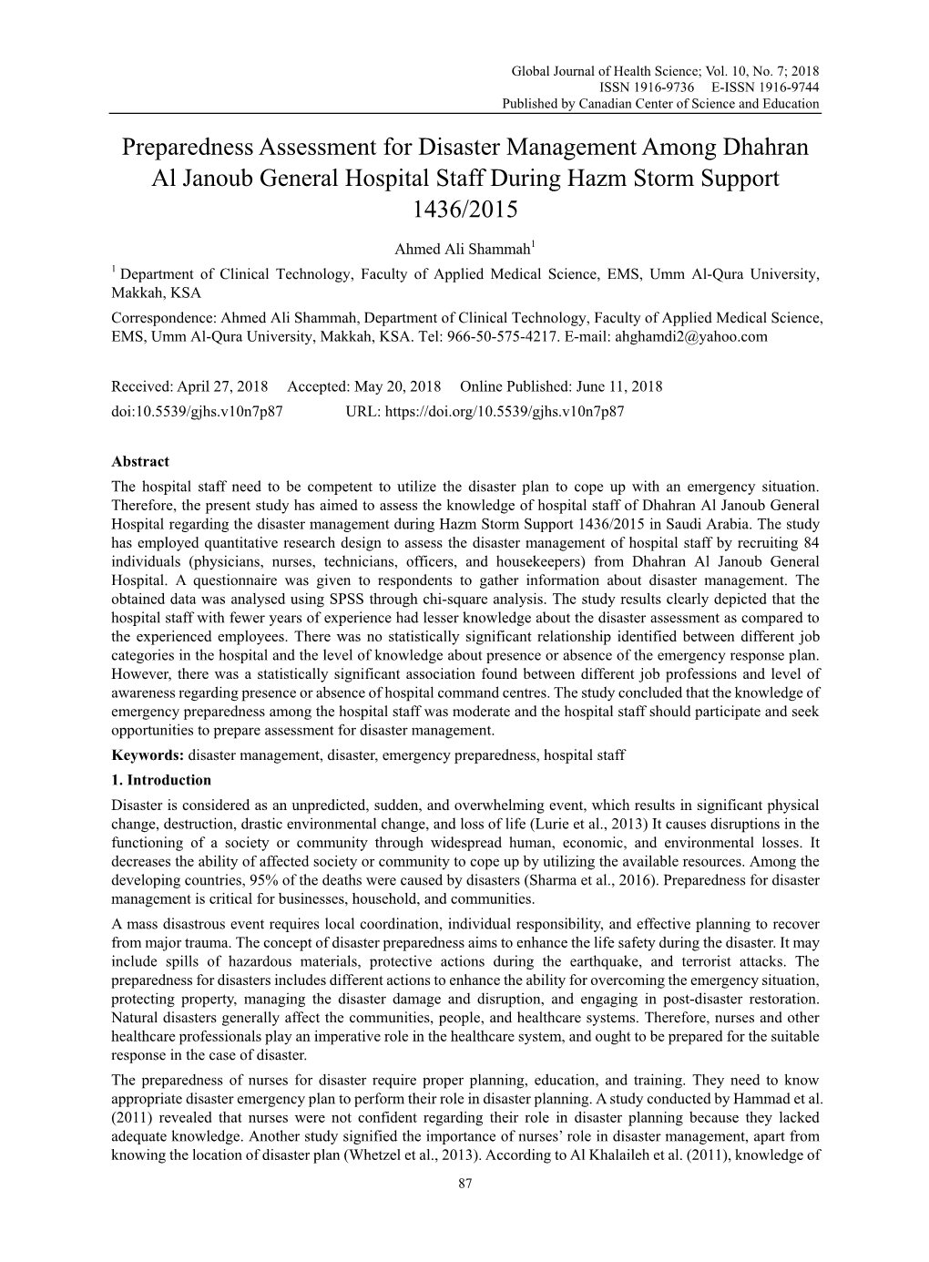Preparedness Assessment for Disaster Management Among Dhahran Al Janoub General Hospital Staff During Hazm Storm Support 1436/2015