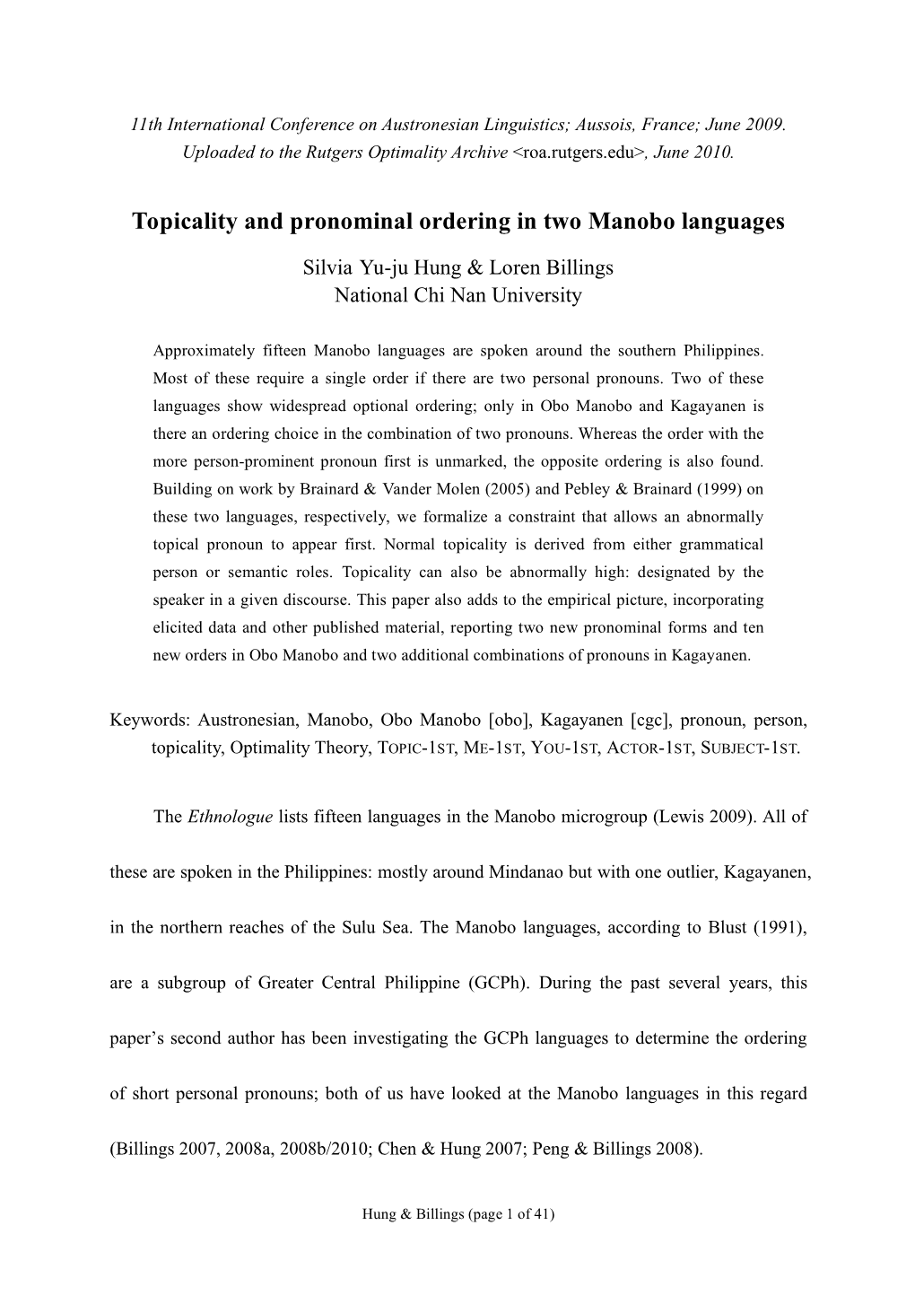 Topicality and Pronominal Ordering in Two Manobo Languages