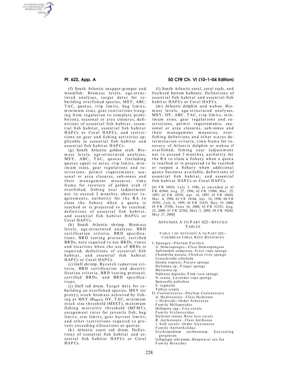 50 CFR Ch. VI (10–1–04 Edition) Pt. 622, App. A