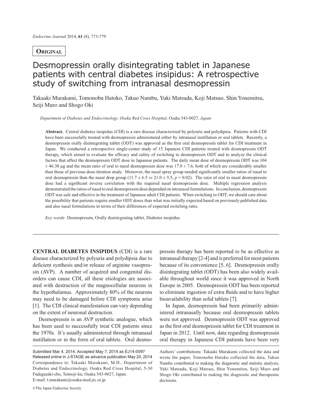 Desmopressin Orally Disintegrating Tablet in Japanese Patients with Central Diabetes Insipidus: a Retrospective Study of Switching from Intranasal Desmopressin