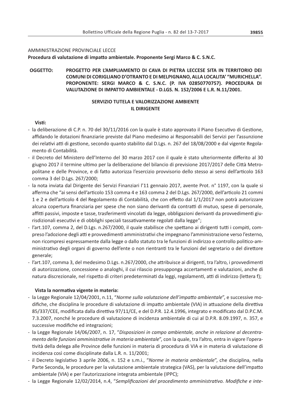 AMMINISTRAZIONE PROVINCIALE LECCE Procedura Di Valutazione Di Impatto Ambientale