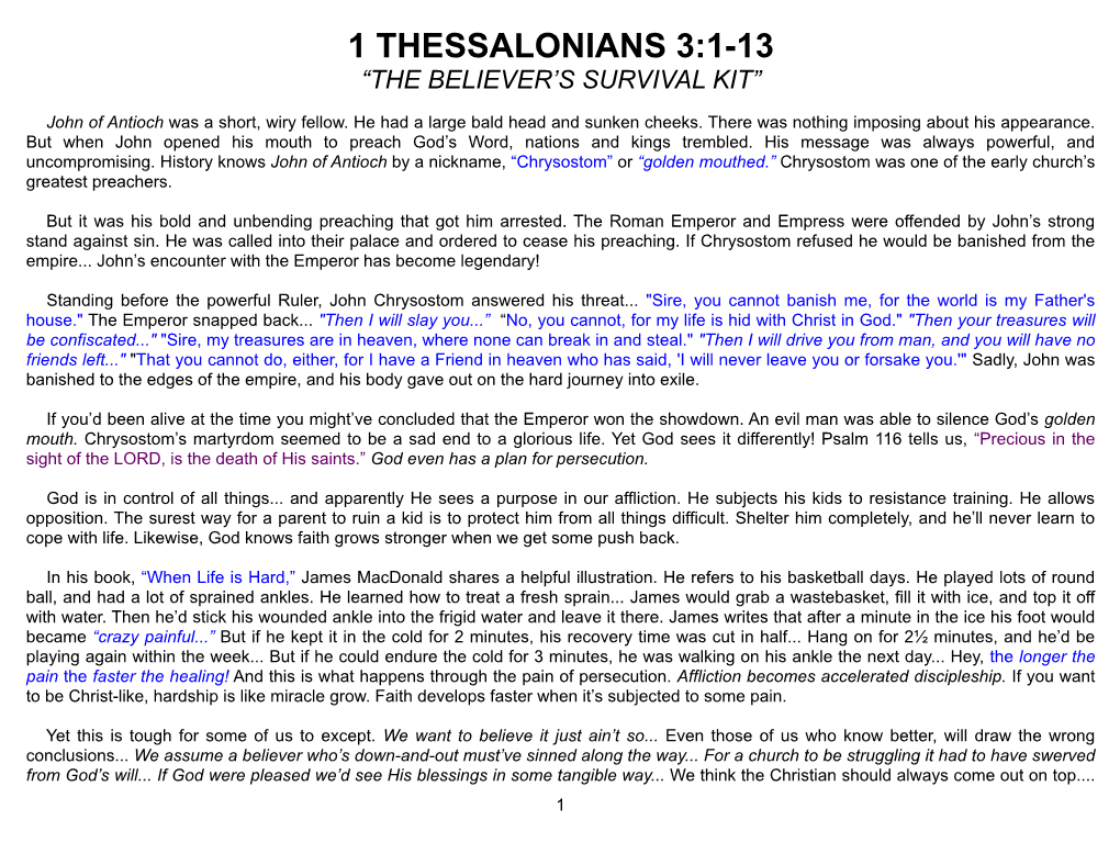 1 Thessalonians 3:1-13 “The Believer’S Survival Kit”