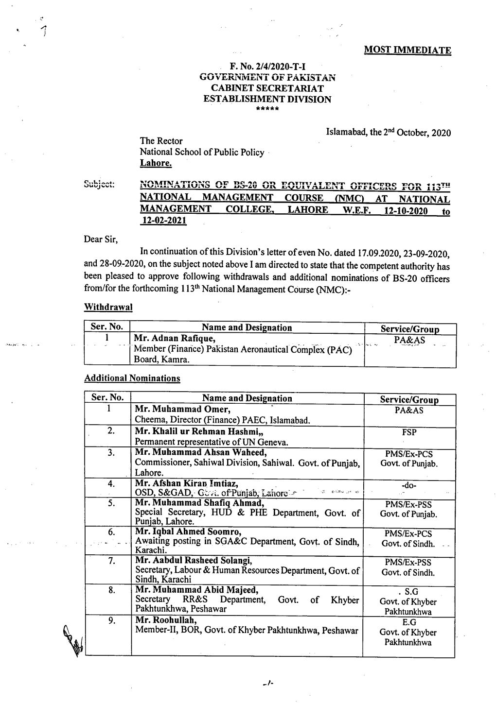 MOST IMMEDIATE F. No. 2/4/2020-T-I GOVERNMENT of PAKISTAN CABINET SECRETARIAT ESTABLISHMENT DIVISION *****