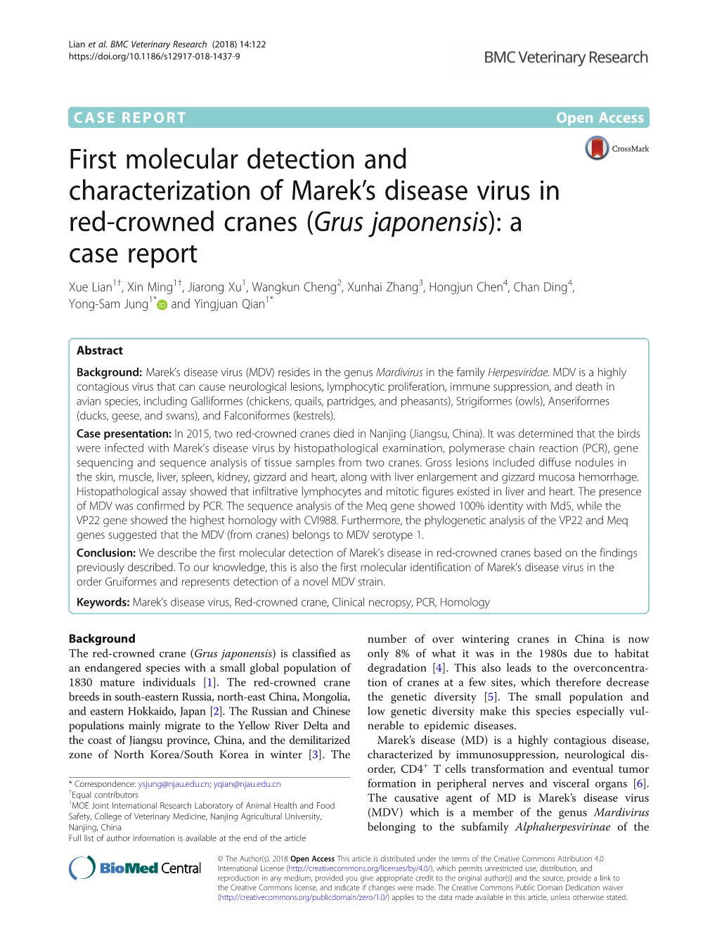 First Molecular Detection and Characterization of Marek's Disease Virus in Red-Crowned Cranes