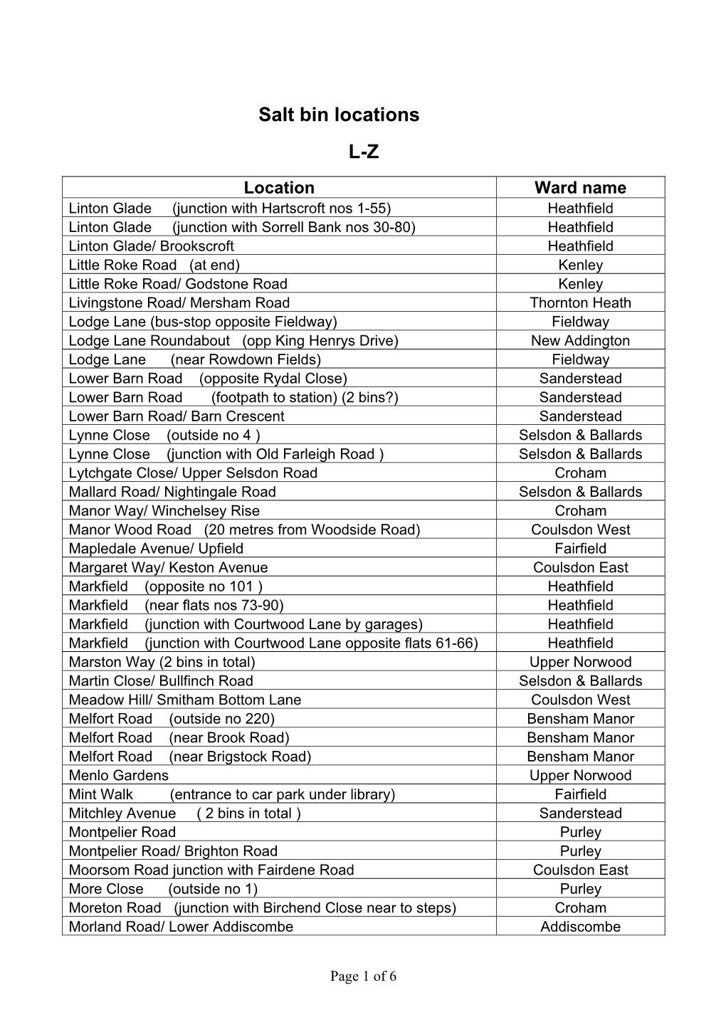 Salt Bin Locations 2009