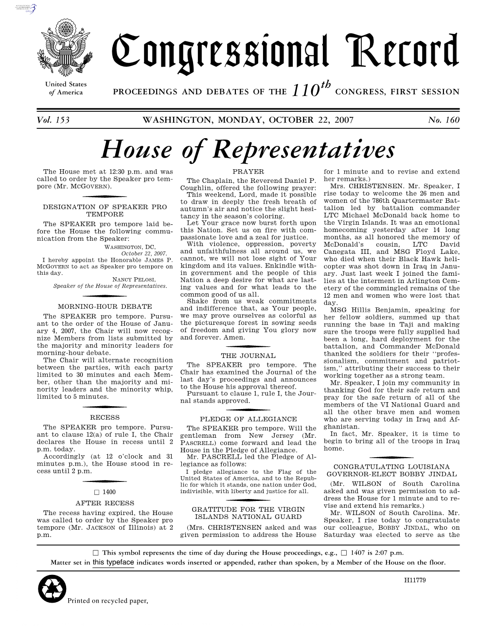 Congressional Record United States Th of America PROCEEDINGS and DEBATES of the 110 CONGRESS, FIRST SESSION