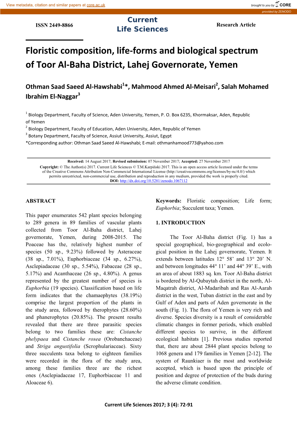 Floristic Composition, Life-Forms and Biological Spectrum of Toor Al-Baha District, Lahej Governorate, Yemen