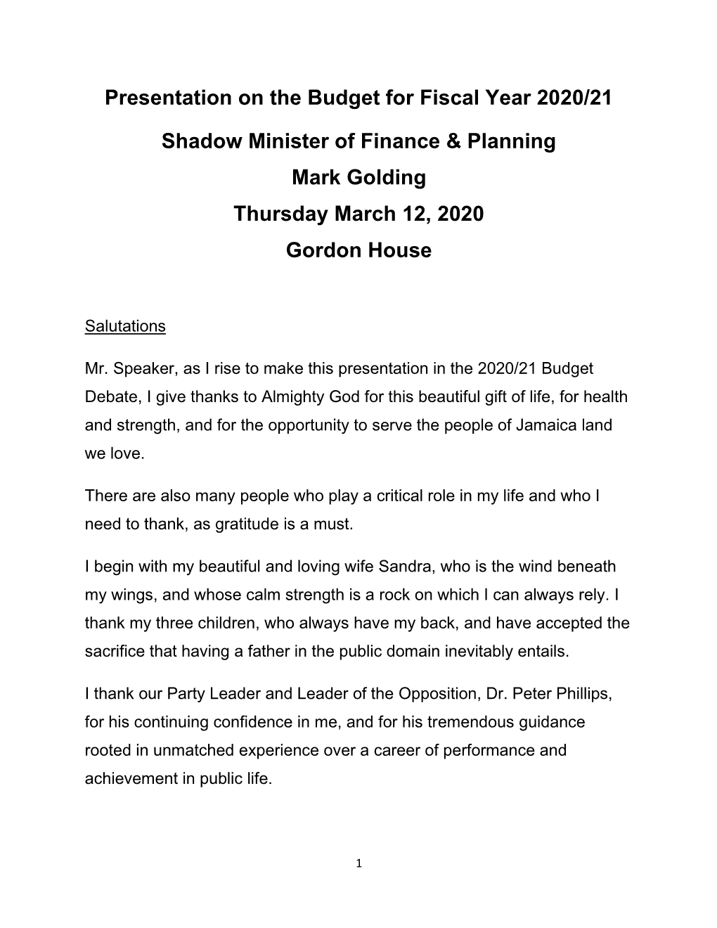Presentation on the Budget for Fiscal Year 2020/21 Shadow Minister Of