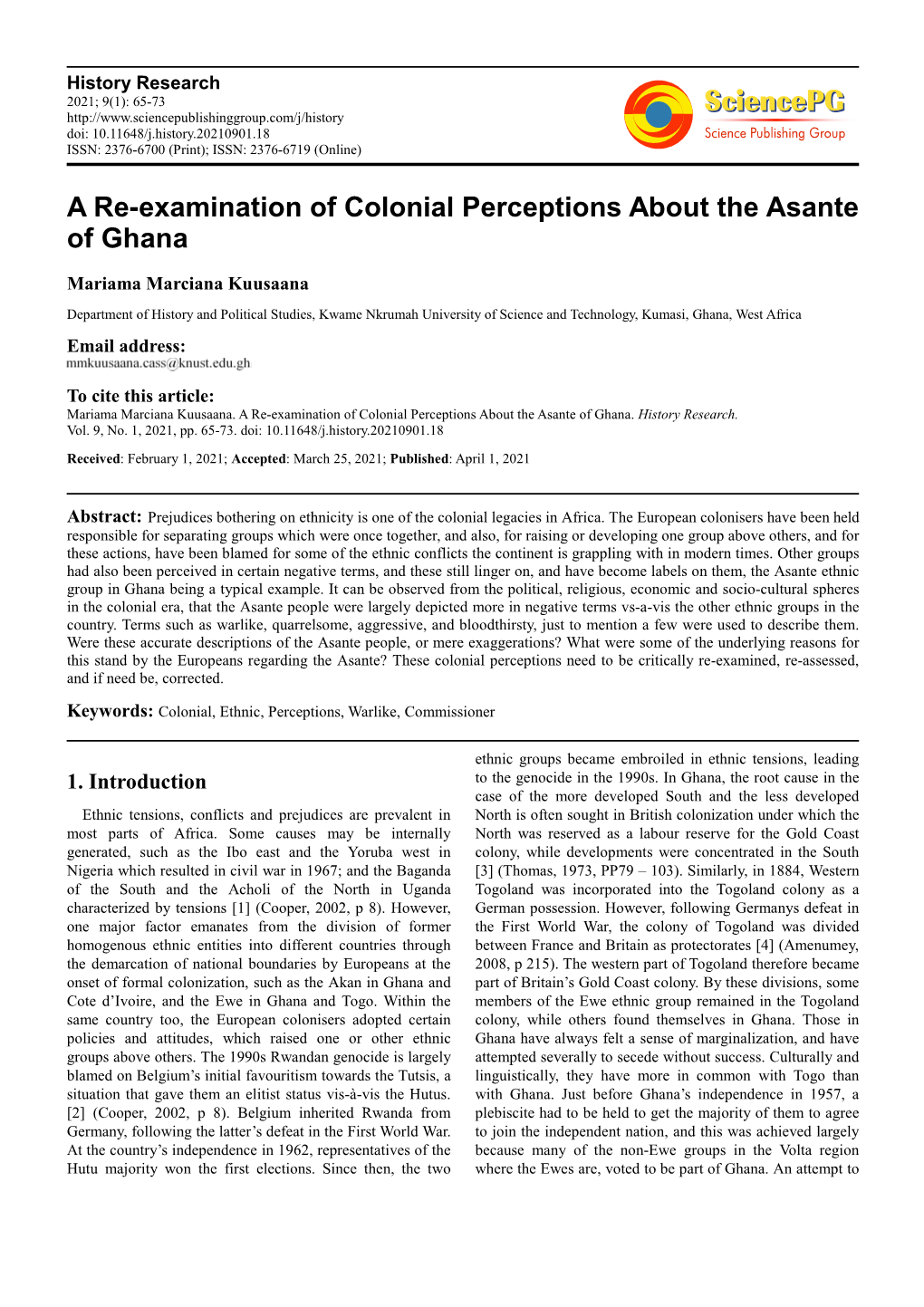 A Re-Examination of Colonial Perceptions About the Asante of Ghana