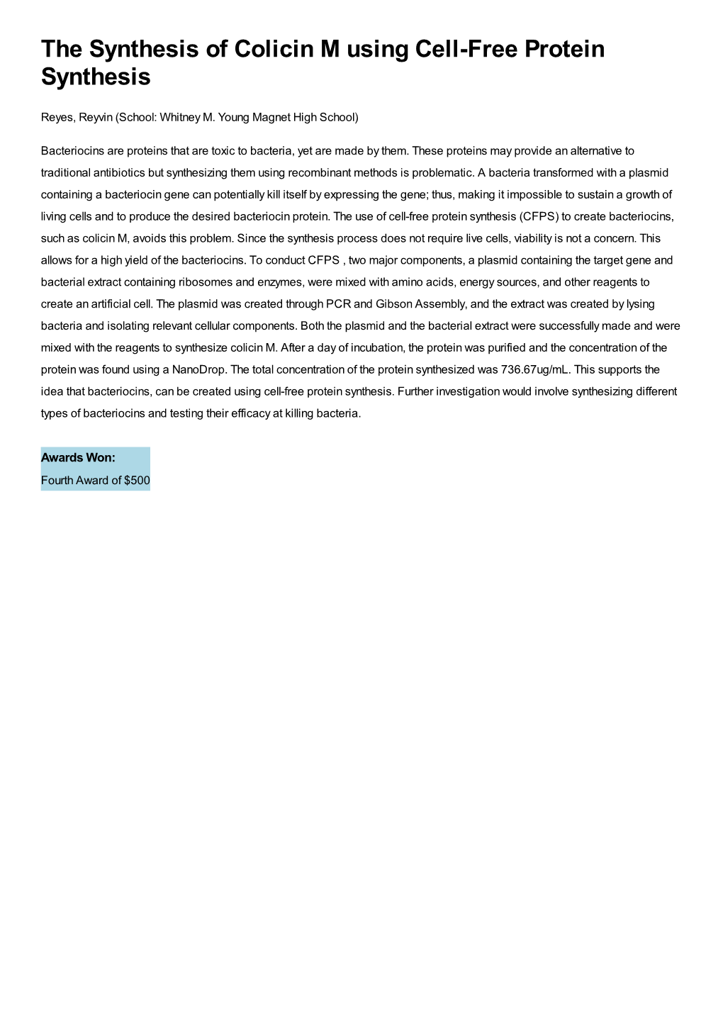 The Synthesis of Colicin M Using Cell-Free Protein Synthesis