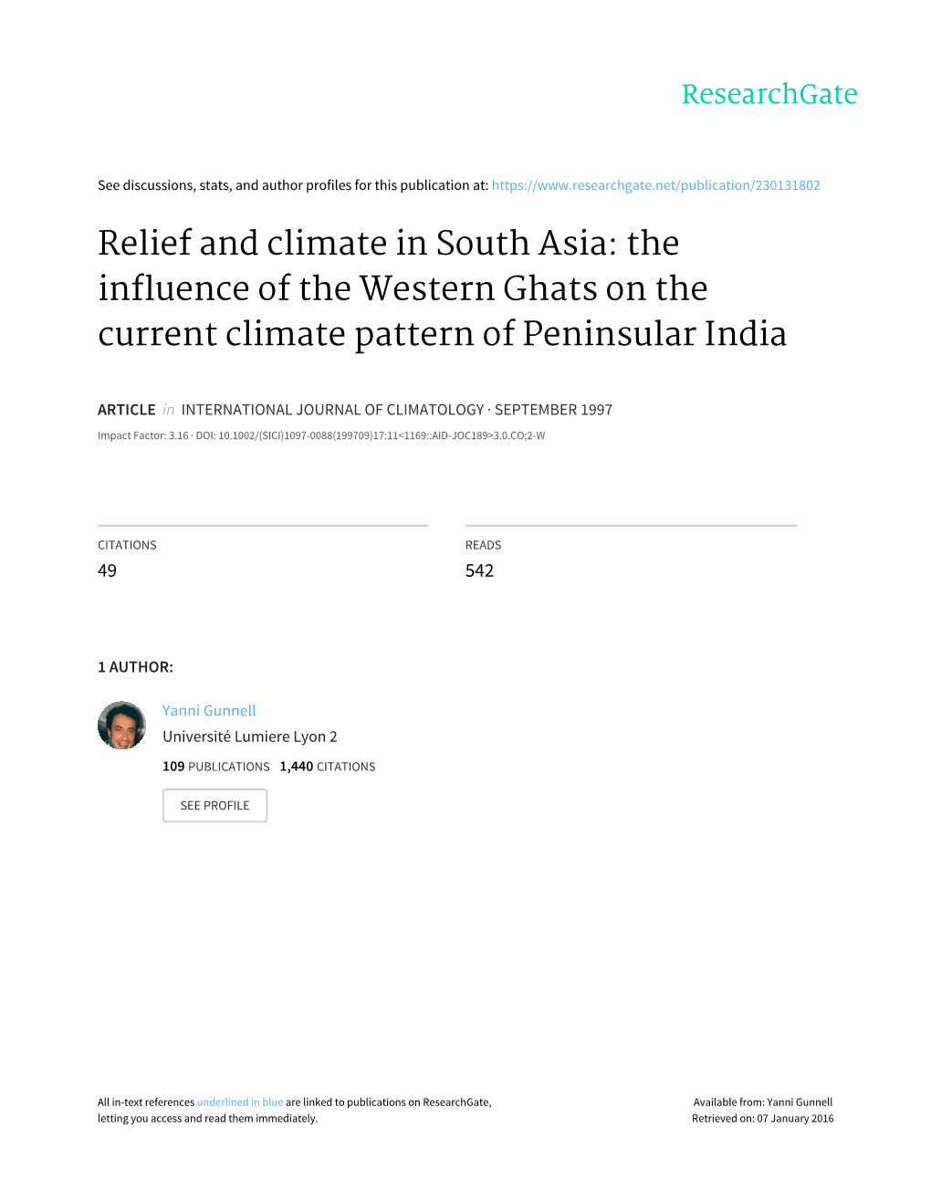 Relief and Climate in South Asia: the Influence of the Western Ghats on the Current Climate Pattern of Peninsular India