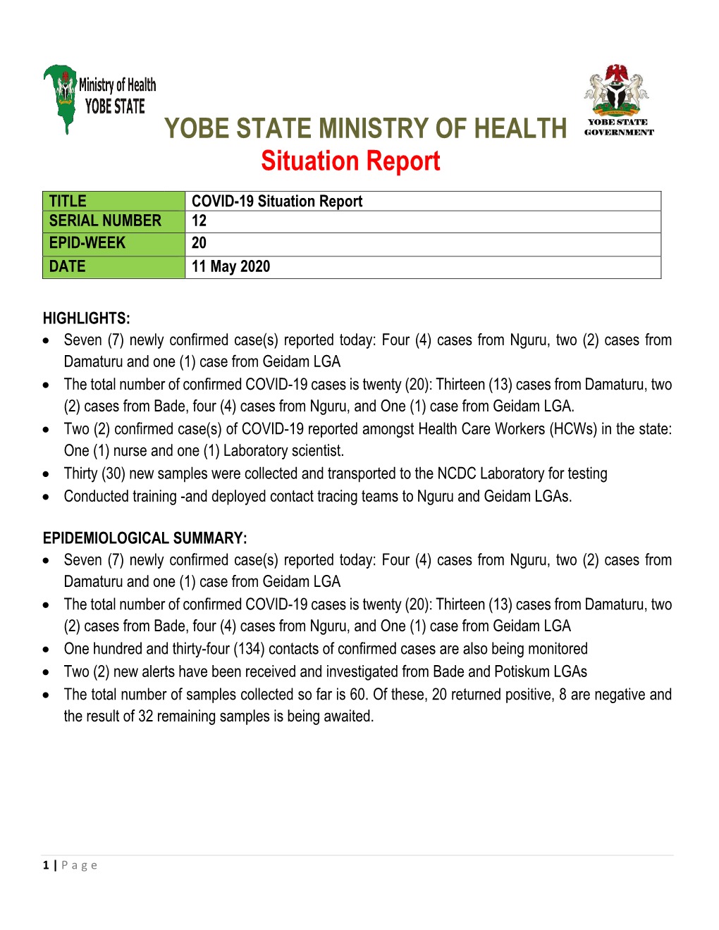 YOBE STATE MINISTRY of HEALTH Situation Report