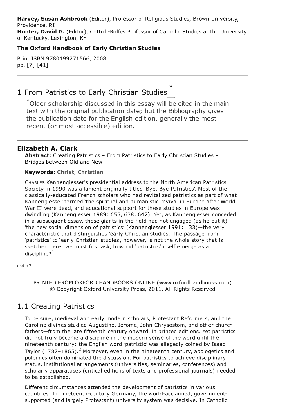 1 from Patristics to Early Christian Studies 1.1 Creating Patristics