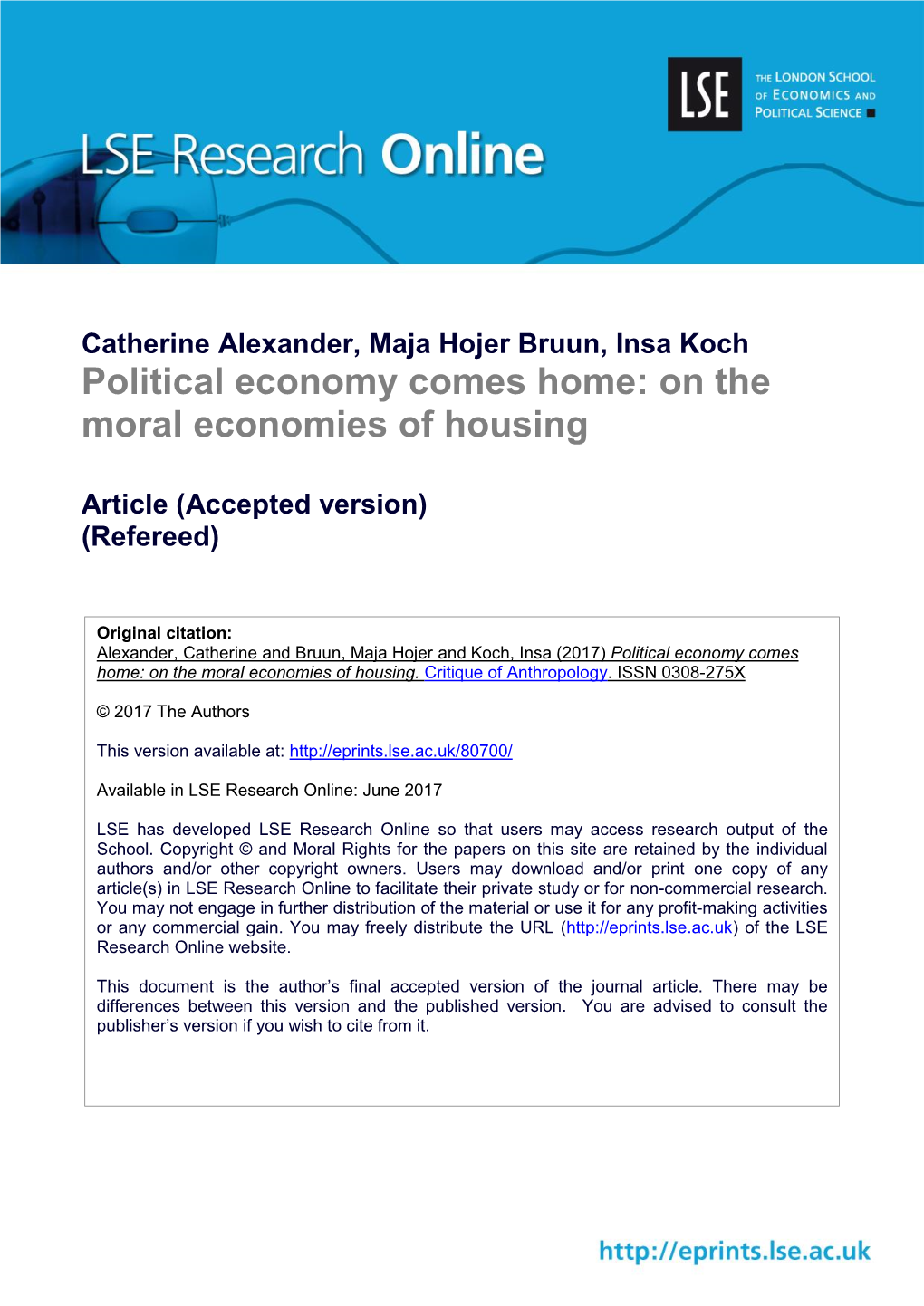 Political Economy Comes Home: on the Moral Economies of Housing