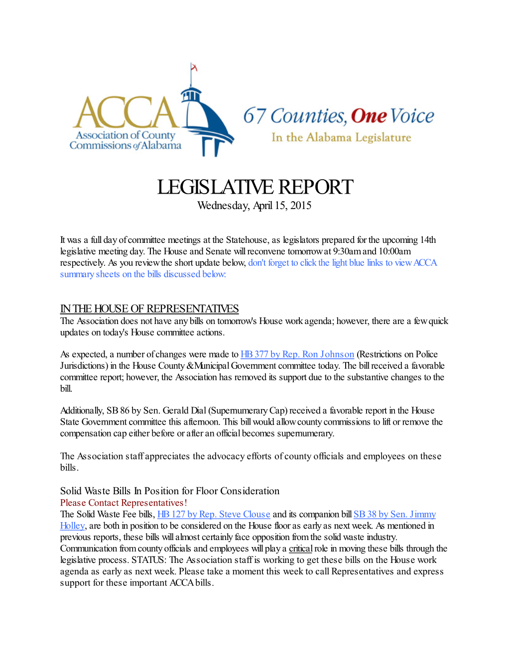 LEGISLATIVE REPORT Wednesday, April 15, 2015