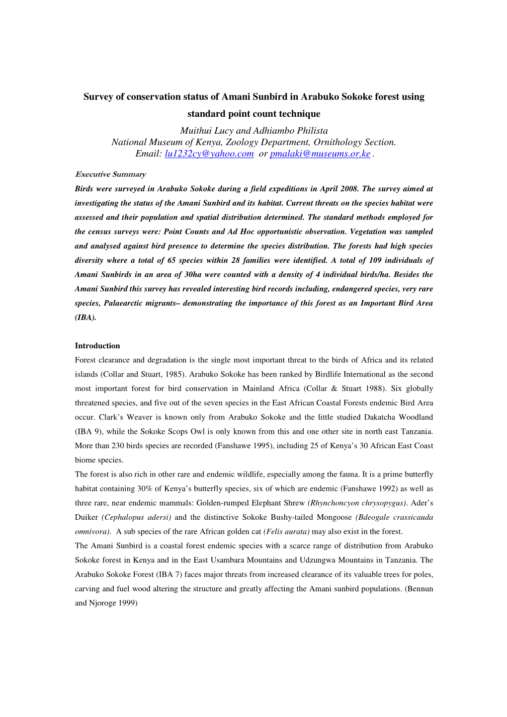 Survey of Conservation Status of Amani Sunbird in Arabuko Sokoke