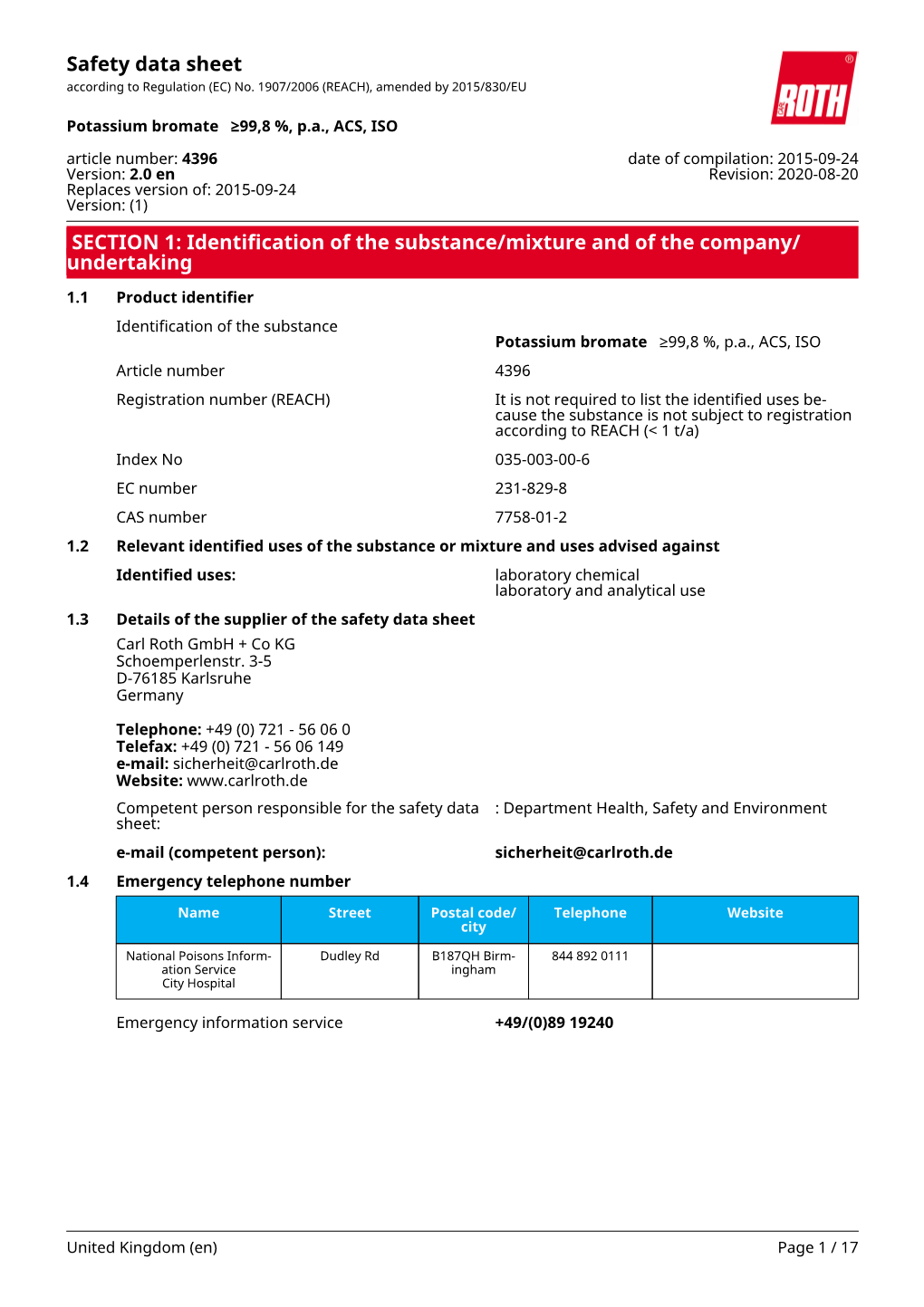 Safety Data Sheet: Potassium Bromate