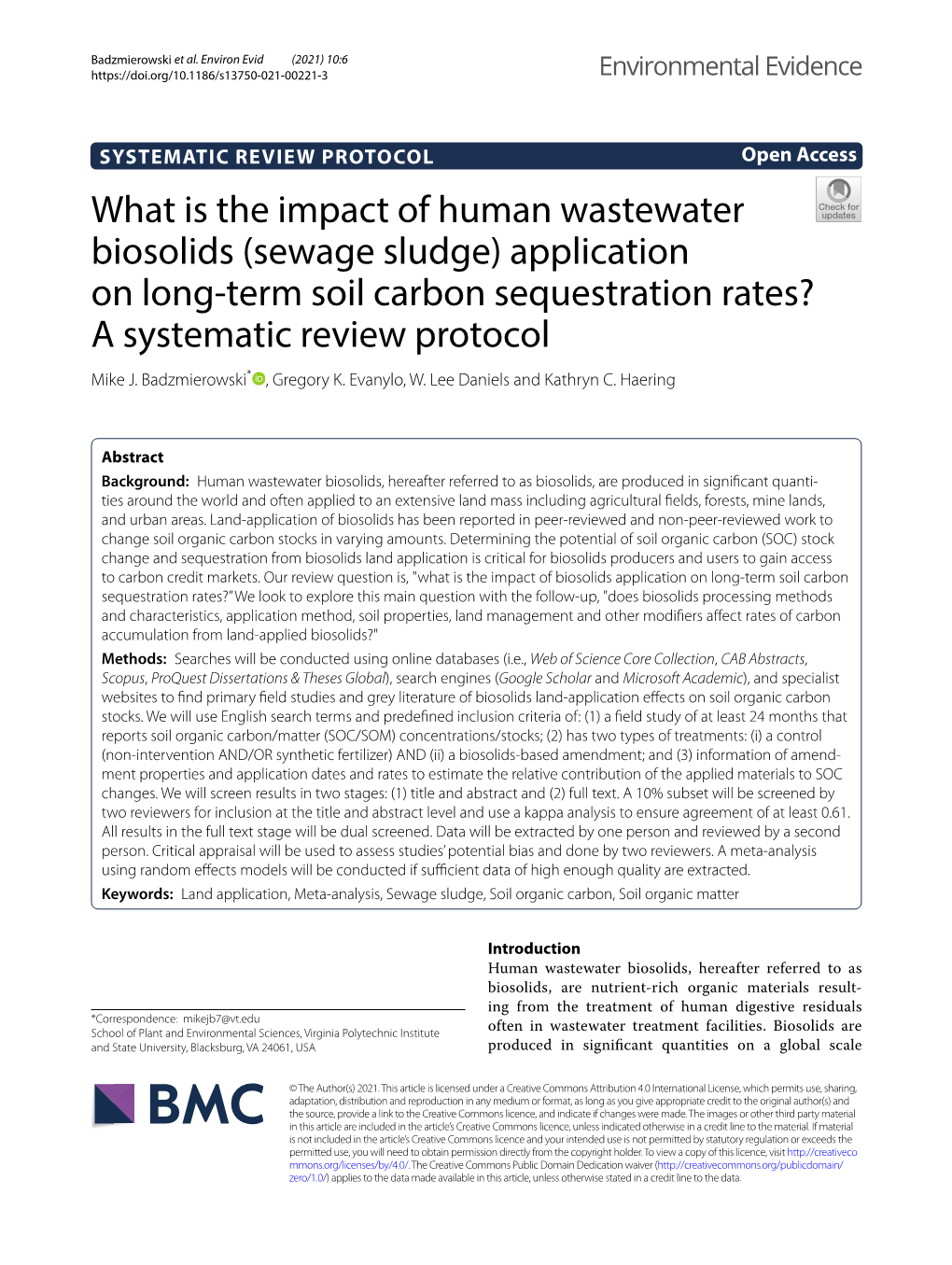 Sewage Sludge) Application on Long‑Term Soil Carbon Sequestration Rates? a Systematic Review Protocol Mike J