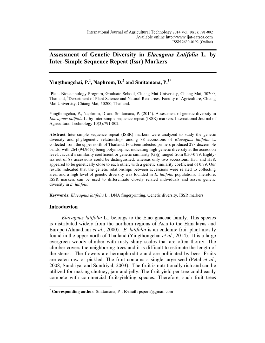 Assessment of Genetic Diversity in Elaeagnus Latifolia L. by Inter-Simple Sequence Repeat (Issr) Markers