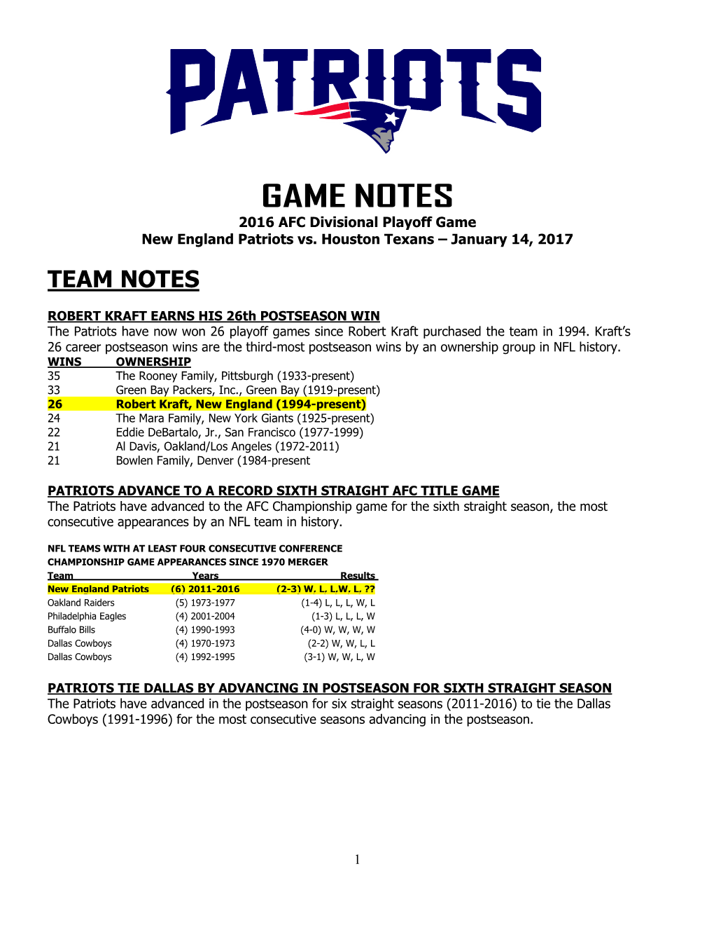 GAME NOTES 2016 AFC Divisional Playoff Game New England Patriots Vs