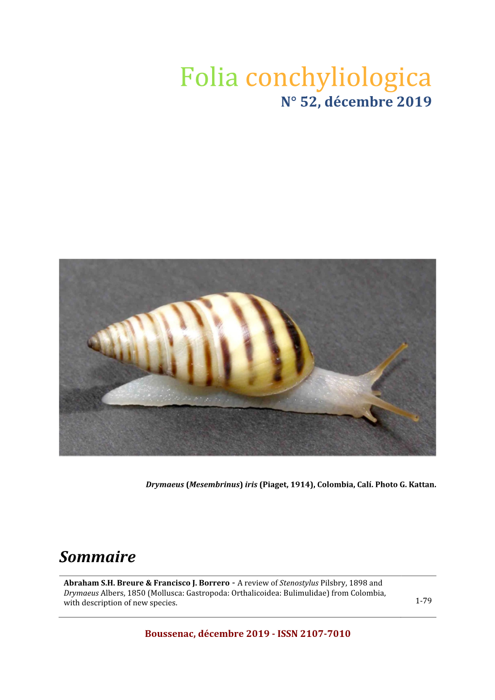 Folia Conchyliologica N° 5 2 , Décembre 201 9