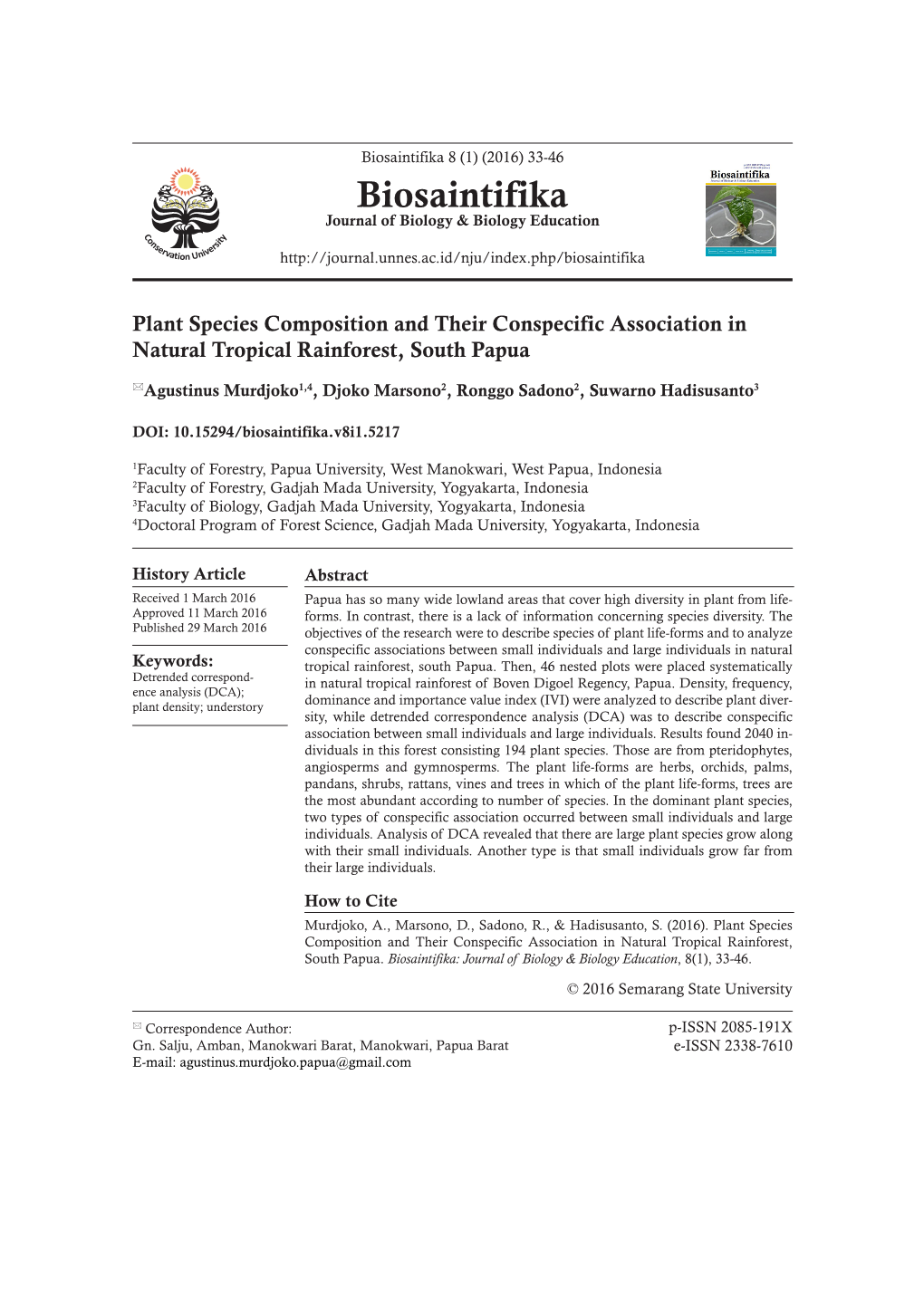 Plant Species Composition and Their Conspecific Association in Natural Tropical Rainforest, South Papua