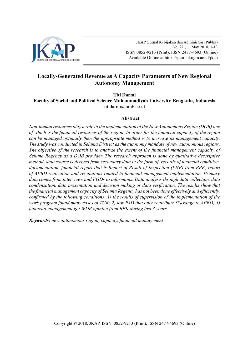 Locally-Generated Revenue As a Capacity Parameters of New Regional Autonomy Management