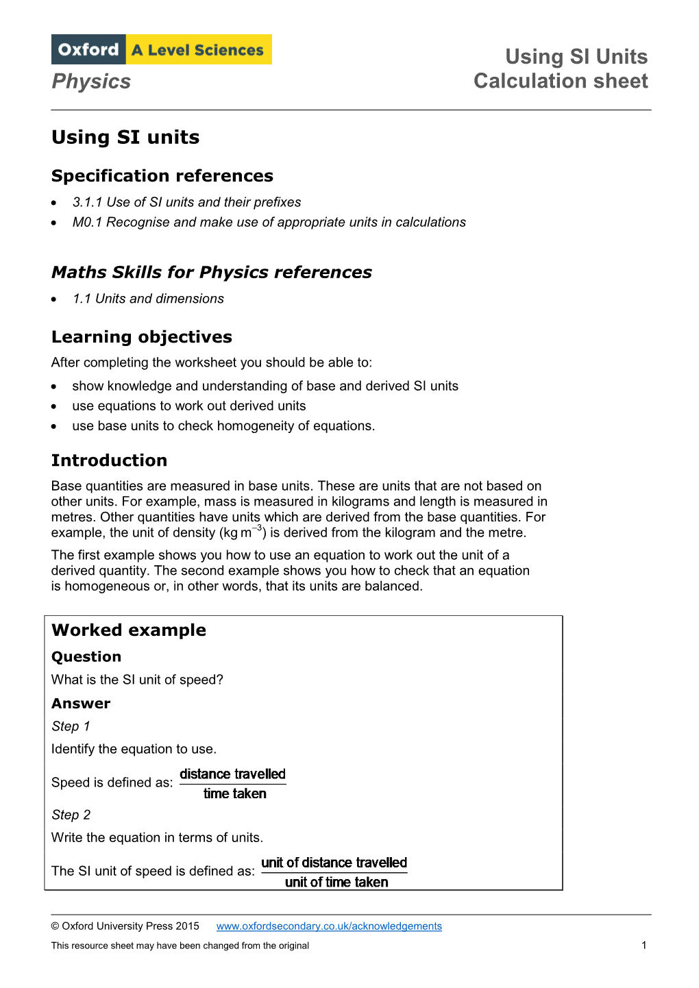 Using SI Units Calculation Sheet Physics