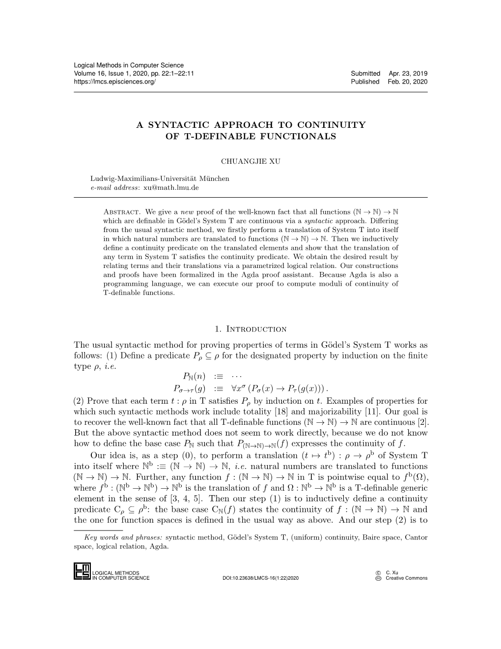 A Syntactic Approach to Continuityof T-Definable Functionals