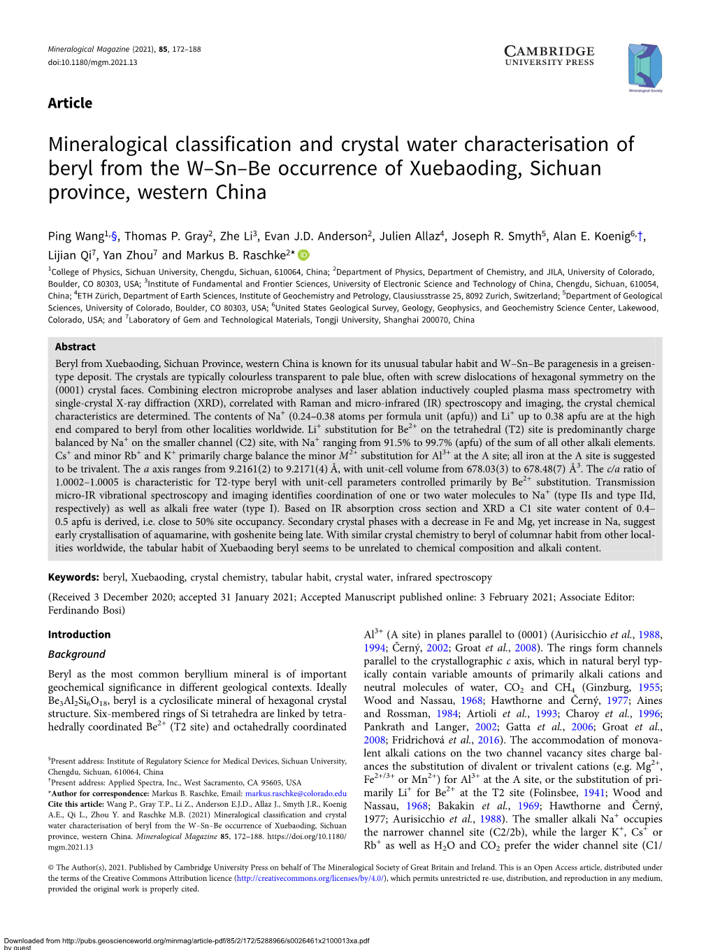 Mineralogical Classification and Crystal Water Characterisation of Beryl from the W–Sn–Be Occurrence of Xuebaoding, Sichuan Province, Western China